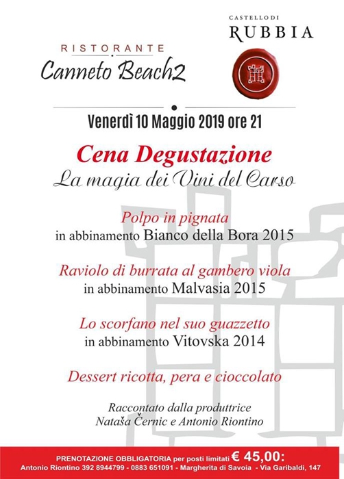 10/05 - Canneto Beach 2 - Margherita di Savoia (BAT) - Cena degustazione: La magia dei vini del Carso