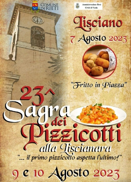 Lisciano - Rieti - 7 Agosto Fritti in piazza e 9 e 10 Agosto 23ª Sagra dei Pizzicotti alla Liscinara