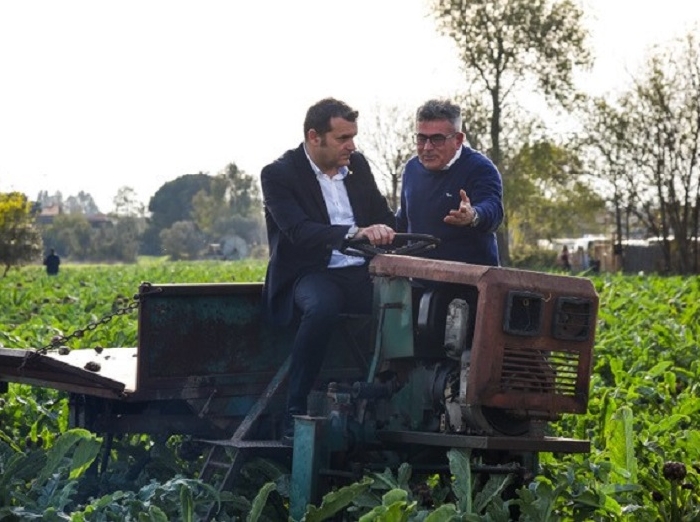 Il sottosegretario al Ministero dellAgricoltura, Senatore Gianmarco Centinaio in campo a Paestum con il Carciofo IGP
