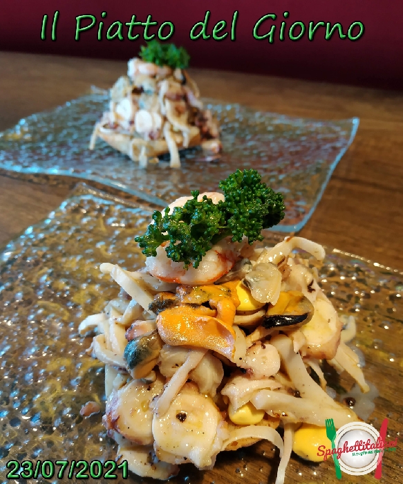 Insalatina di mare grigliata su biscotto integrale di Agerola con lupini e broccoletti