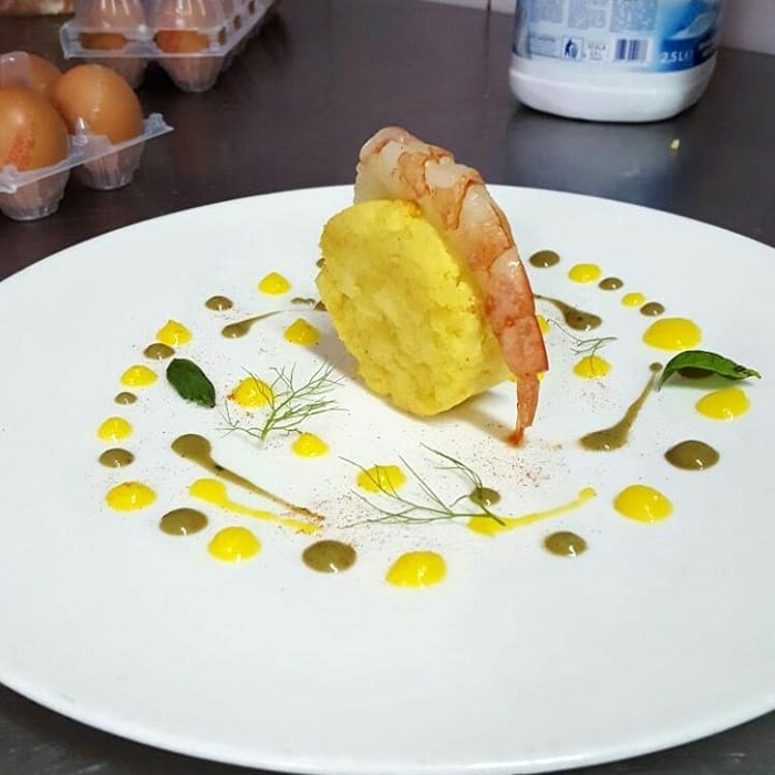Tortino di patate e baccalà.. gambero arancia e basilico - finalista al Trofeo Cuochino d