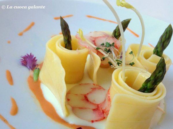 Chiocciole.it... Lasagnette con patate, salame di gamberi rossi di Sicilia e punta di asparagi