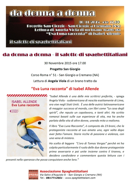 30/11/2015 - Progetto San Giorgio - San Giorgio a Cremano (NA) - da donna a donna:Lettura di Angela Viola tratta da "Eva Luna racconta" di Isabel Allende