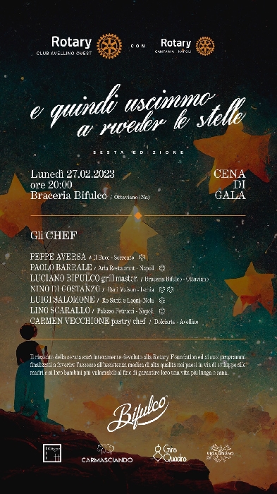 Il 27 febbraio alla Braceria Bifulco di Ottaviano (Na) cena di beneficenza "stellata" organizzata dal Rotary Club Avellino Ovest