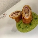 -Involtino di maiale croccante con prosciutto e formaggio dolce sardo servito su crema di zucchine alla menta - -