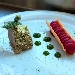 -Trancio di maiale con crosta aromatizzata alle erbe, mezzo cannolo con torcione di purea alla rapa rossa e gel agli asparagi - -