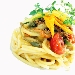Spaghettone trafilato a bronzo con pomodorini confit, fior di zucchine di campo e mollica di pane tostato - -