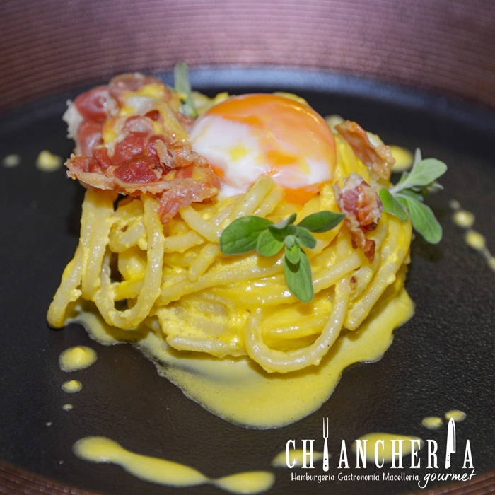 Chiancheria Gourmet Roma - Spaghetto arrostito con spuma d_uovo bio e Guanciale Croccante
