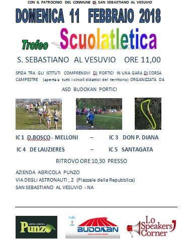 Domenica 11 febbraio alle 11 all'Azienda Agricola Punzo di San Sebastiano al Vesuvio si svolgerà la II edizione del Trofeo Scuolatletica, la gara di corsa campestre che coinvolgerà gli alunni degli Istituti Comprensivi di Portici