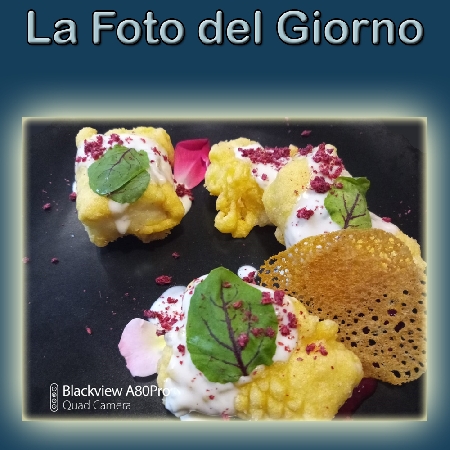 La Foto del Giorno del 20 Novembre 2021 - Baccalà in tempura con salsa plin plin al gorgonzola e lamponi disidratati